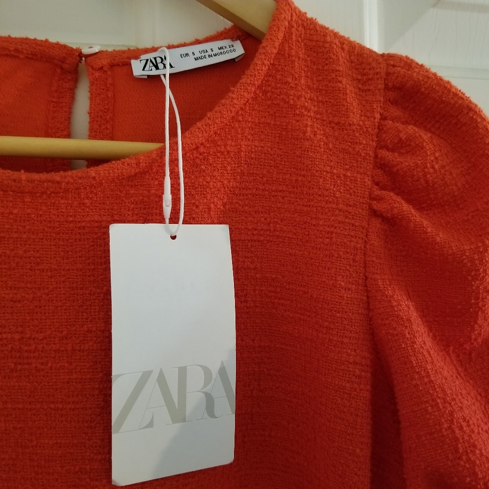 🌷ZARA • Orange Tweed-effect Short Puff Sleeve A-Line Shift Dress NWT - Picture 7 of 15